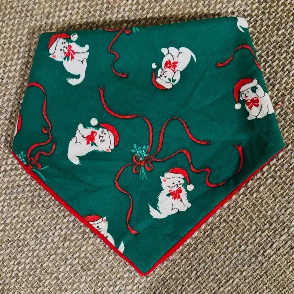 Christmas Cat Bandana Scarf is Reversable Sizes Small Handmade One of a Kind